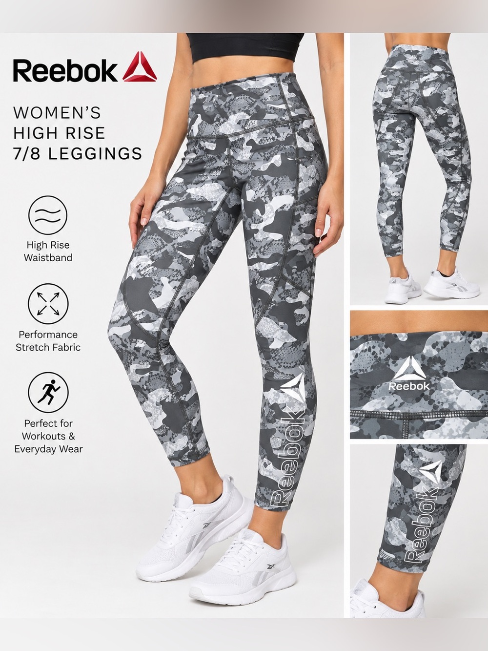 Reebok Women’s High Rise 7/8 Camo Leggings Gray White Size S NWT